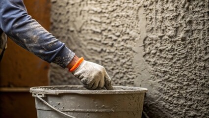A closeup of a workers sleeve as they mix a bucket of concrete with the textured gritty surface of the wall visible in the background.