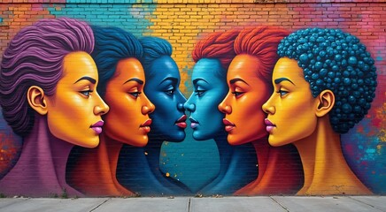 Fototapeta premium Colorful street art mural showcasing strong female figures with diverse hairstyles on brick wall, emphasizing unity