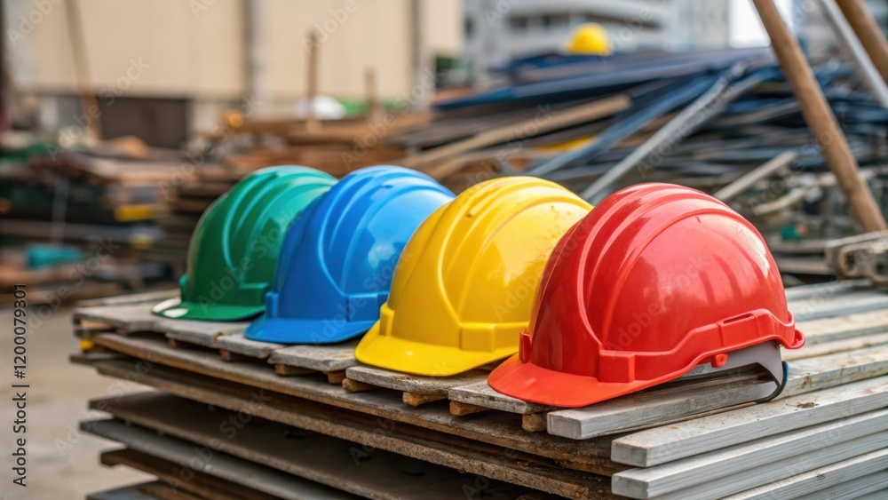 Poster A closeup of colorful safety helmets resting on a stack of scaffolding materials symbolizing the essential safety measures in construction.