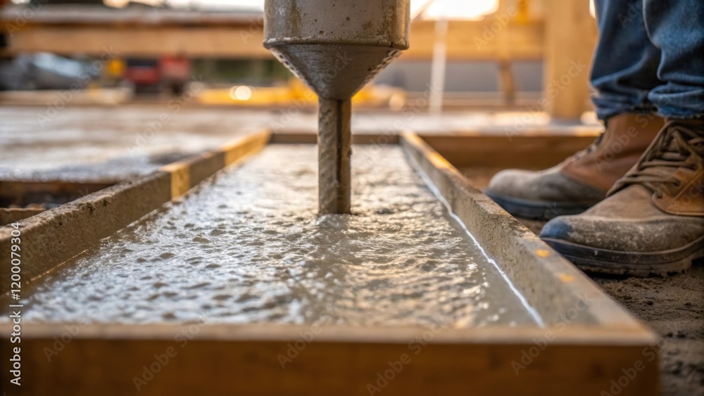 Poster A closeup of concrete being poured into a mold to form a silo base with the texture of the wet concrete glistening in the light and a workers boot in the frame.