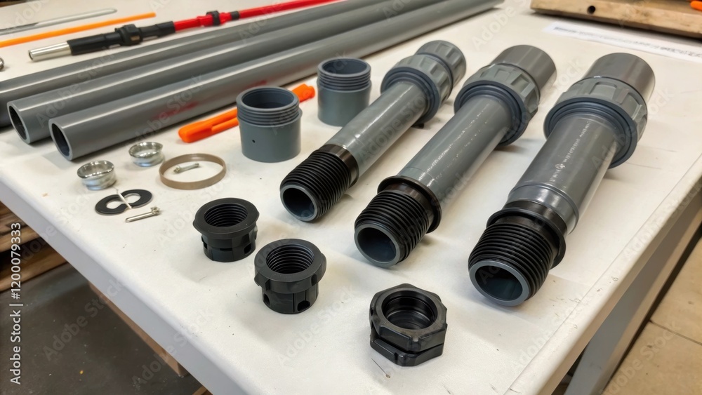 Poster A closeup of different types of connectors and fittings laid out on a bench illustrating the various components needed for stormwater drainage systems assembly.