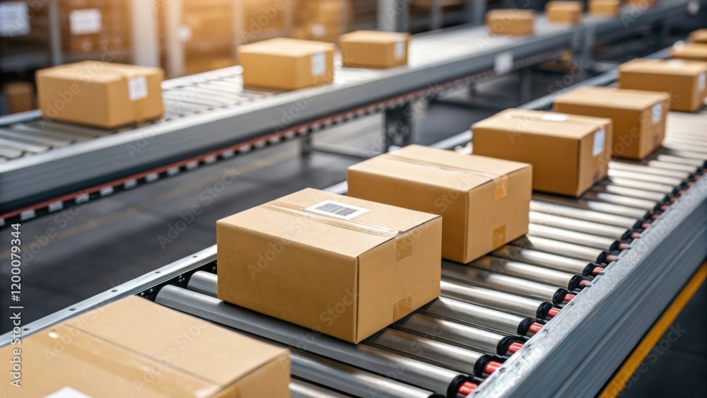 Aufkleber A closeup of different types of packages on the conveyor ranging from small boxes to bulky items showcasing the diverse range of products handled in an automated warehouse system.