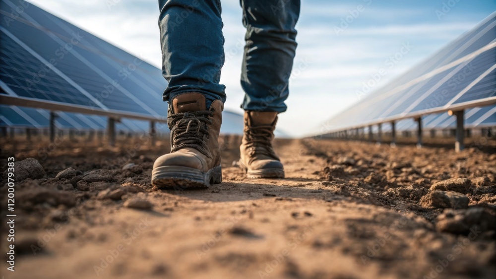 Poster A closeup of feet in heavyduty boots walking along a path between rows of freshly installed solar panels highlighting the rugged terrain and the workers connection to the site.