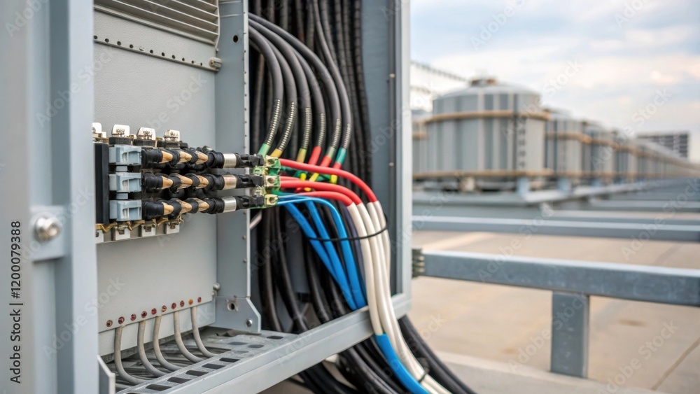 Aufkleber A closeup of electrical wiring being organized and installed within the cooling tower structure revealing intricate connections and ensuring operational efficiency.