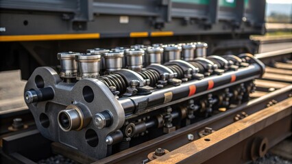 Fototapeta premium A closeup of engine components including valves and exhaust systems sitting on a freight car showcasing the precision engineering involved.