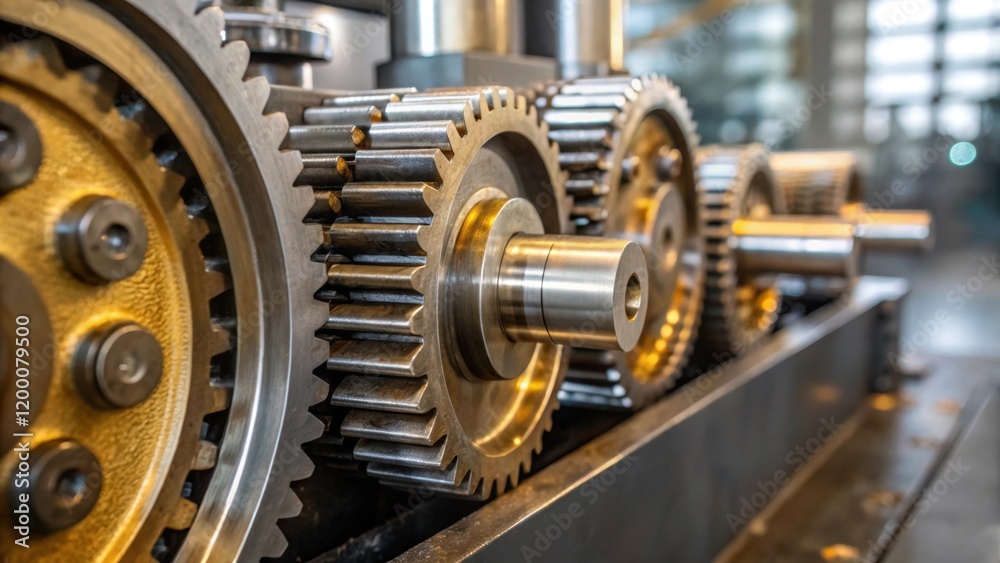 Poster a closeup of gears and cogs meshing perfectly in a manufacturing machine with oil glistening on the 