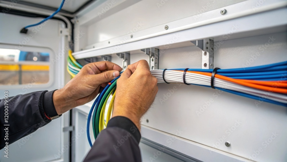Aufkleber a closeup of hands arranging electrical wiring inside a temporary office trailer highlighting the at