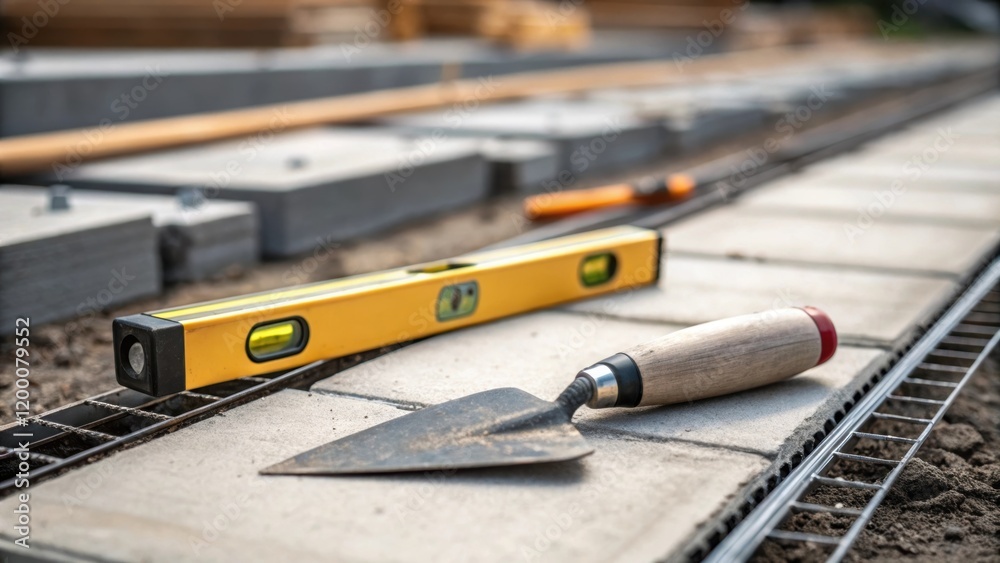 Fototapete a closeup of hand tools lying on a construction site including a trowel and level showcasing the cra