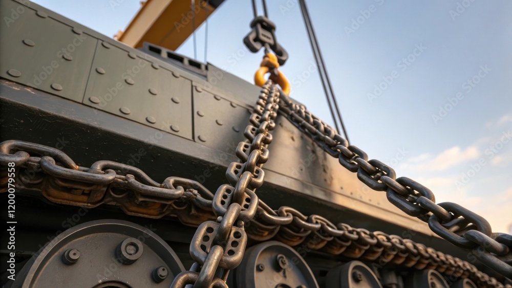 Aufkleber a closeup of heavyduty chains wrapping around a tank section as a crane lifts it into position illus