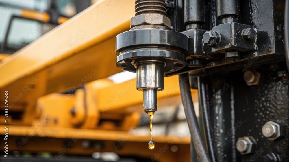 Aufkleber A closeup of hydraulic oil dripping from a valve on the pile driver emphasizing the operational aspects of the machine and the maintenance required to keep it running smoothly.