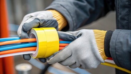 A closeup of hands wearing gloves as they apply weatherresistant tape around electrical connections in the signal installation focusing on safety and durability.