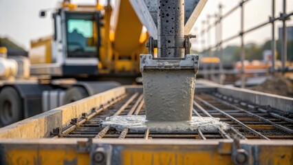 A closeup of heavy machinery like a concrete pump with concrete being poured into a mold for one of the flyovers pillars showcasing the precision of the construction process.