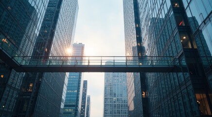 Stunning perspective view of a glass bridge connecting skyscrapers under a cloudy sky