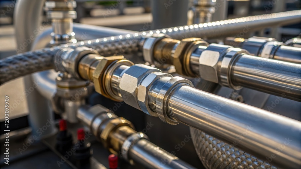 Poster a closeup of intricate piping connections on a highpressure testing rig featuring metallic fittings 