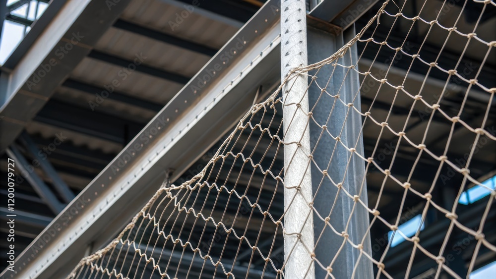 Poster A closeup of mesh netting against a backdrop of steel beams illustrating the contrast between soft materials and industrial surroundings.