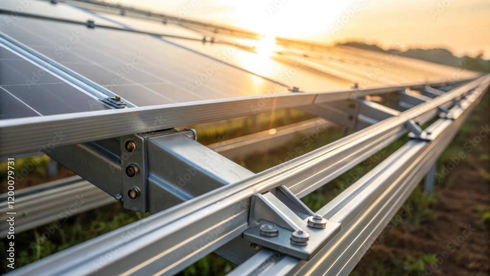 Poster a closeup of metal brackets being aligned for a solar farm structure the sun gleaming off the fresh 