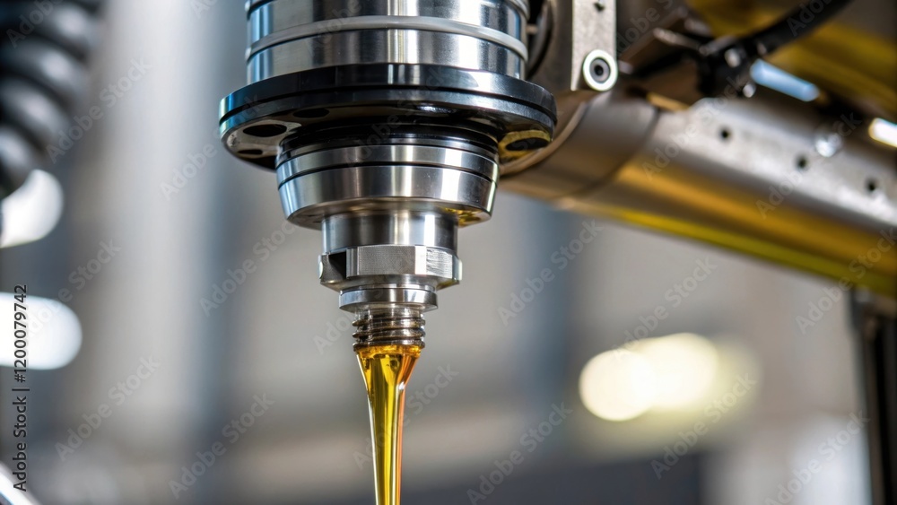Poster a closeup of oil being applied to the joints of a robotic arm the glistening liquid catching light a