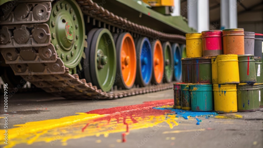 Poster a closeup of paint cans stacked carelessly next to an almostcomplete tank painting project with drip