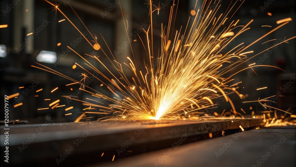Aufkleber a closeup of molten metal splattering surrounded by arcs of golden sparks with a blurred workshop se