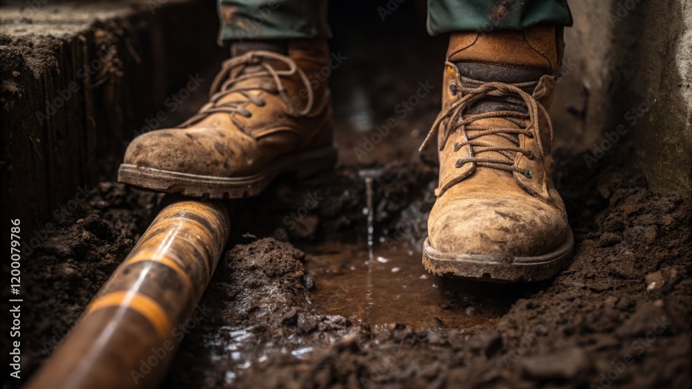 Poster A closeup of muddy work boots standing next to a leaking pipe with soil disp around the area emphasizing the challenging conditions of underground maintenance.
