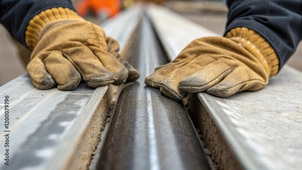 Poster a closeup of personnel gloves gripping the edges of an expansion joint revealing the texture and com