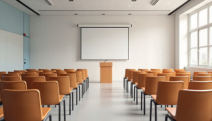 Spacious college lecture hall with rows of chairs and projector screen in bright setting