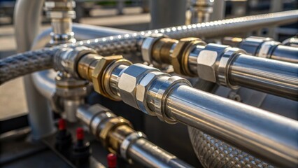 A closeup of intricate piping connections on a highpressure testing rig featuring metallic fittings and rubber seals with sunlight glinting off the polished surfaces.