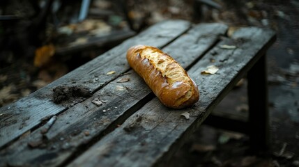 A loaf of bread rests on an old wooden bench