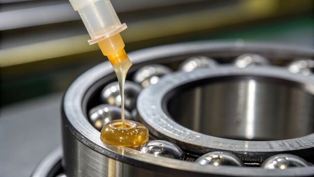A closeup of lubricant being applied to a conveyor bearing with droplets glistening in the light emphasizing the importance of proper lubrication for longevity.