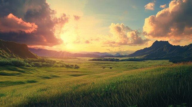 Serene sunset over rolling hills and mountains.