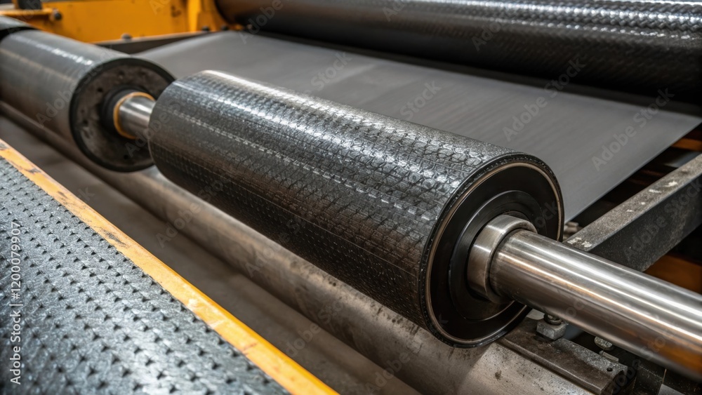 Poster A closeup of rubber conveyor belt material being fed onto a set of rollers capturing the texture and engineering required for functionality.