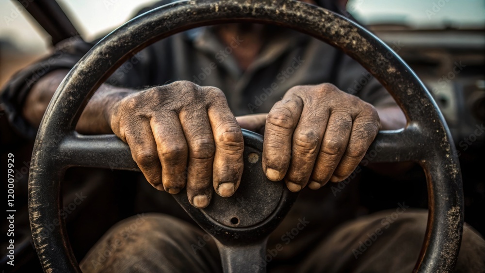 Poster a closeup of rough weathered hands gripping a large steering wheel showcasing calluses and dirt refl