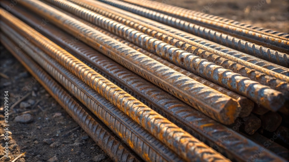 Poster A closeup of rusted metal reinforcement bars stacked neatly on the ground capturing the interplay of light reflecting off the rough surfaces of the steel.