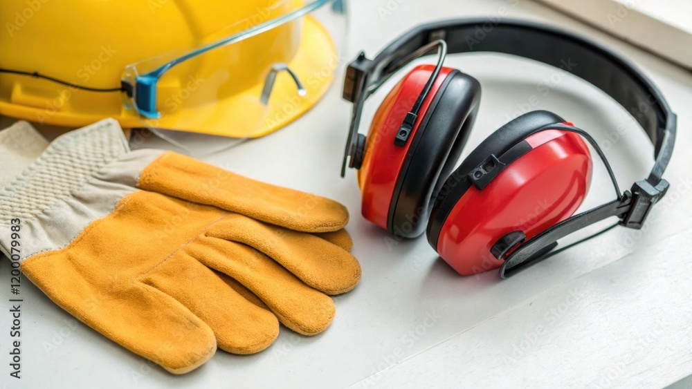 Poster a closeup of safety equipment showing gloves and ear protection resting on a clean surface emphasizi