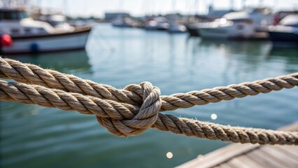 Fototapeta premium A closeup of ropes being secured to the dock emphasizing the texture of the fibers against the sleek surface of the water and the bustling activity of boats in the background.