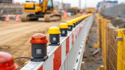 Fototapeta premium A closeup of safety devices and sensors installed along the construction site perimeter emphasizing the role of automation in enhancing worker safety.