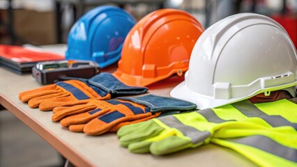 A closeup of safety equipment including helmets and gloves laid out on a work surface reflecting the importance of safety in the assembly process.