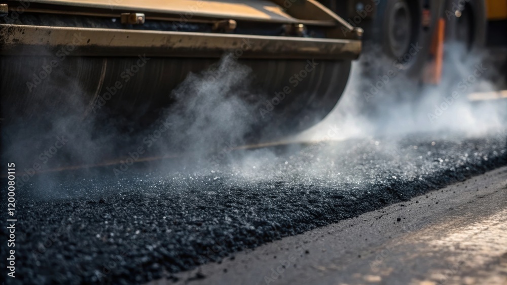 Poster a closeup of steaming asphalt being laid down with the hot material spreading out as the paver advan