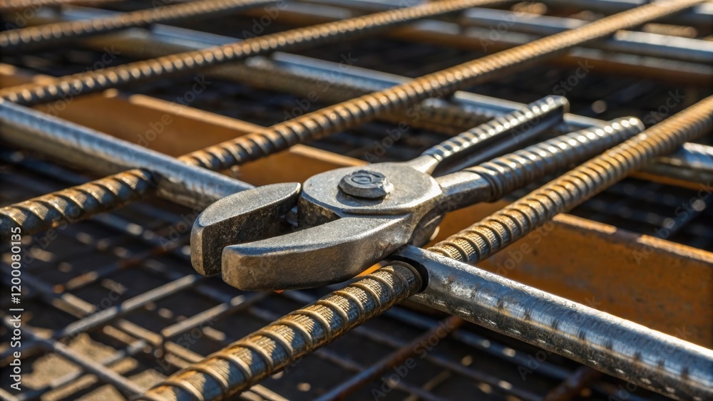 Aufkleber A closeup of sparkling metal clamping tools securing rebars together showcasing both utility and craftsmanship in the construction process.