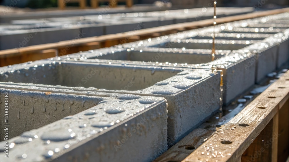 Aufkleber a closeup of the concrete curing process showing wet concrete being poured into molds for prefabrica
