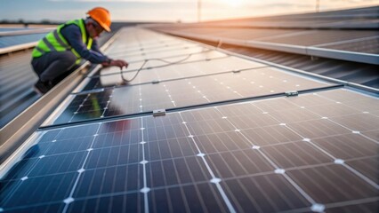 A closeup of solar panels being installed on the roof of a biogas plant with a worker attaching wiring as the sunlight reflects off the panels.
