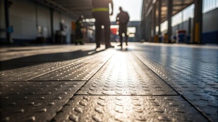 A closeup of textured flooring that exhibits wear under intense light revealing the durability and resilience needed for industrial environments as workers shadows loom nearby.
