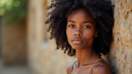 Portrait of a young Ethiopian woman with natural curly hair leaning against a stone wall, exuding beauty and confidence