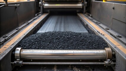 Obraz premium A closeup of the asphalt paving machines conveyor belt with dark asphalt material being fed into the heated chamber revealing the machines intricate mechanics.