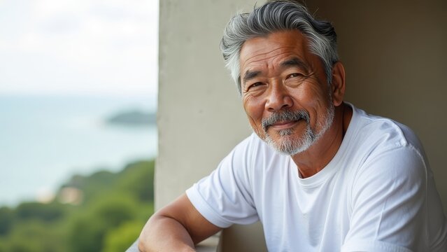 Middle-aged Filipino man with graying hair smiling on balcony, wearing white t-shirt with ocean view backdrop - Powered by Adobe