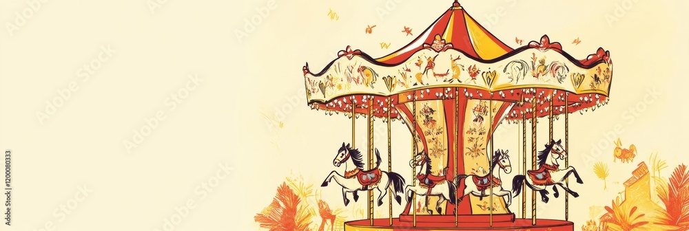 Poster colorful carousel with ornate horses spinning in a carnival setting during daytime fun for children.