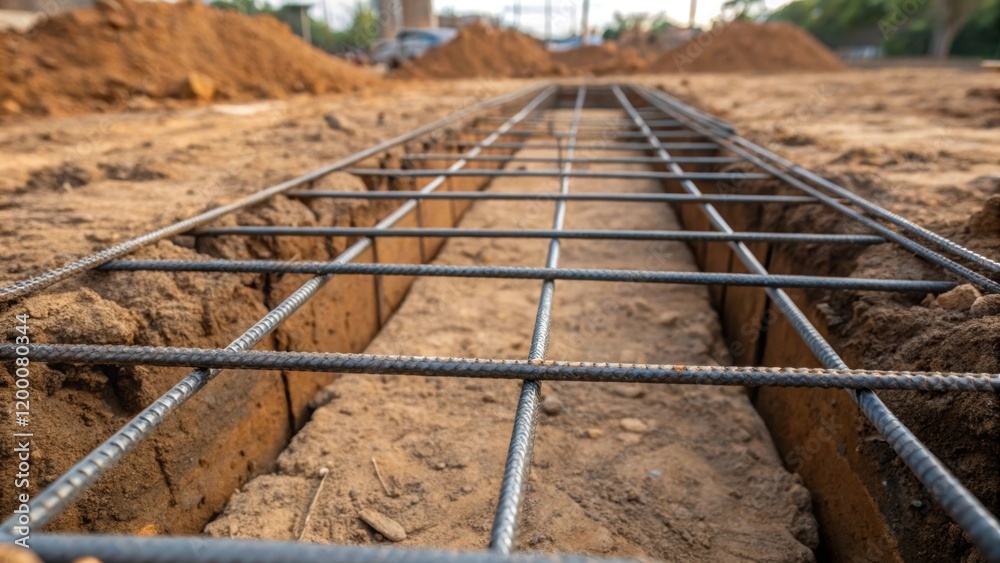 Poster A closeup of the ground preparation stage featuring compacted soil and reinforcement bars being p precisely for the underground framework.