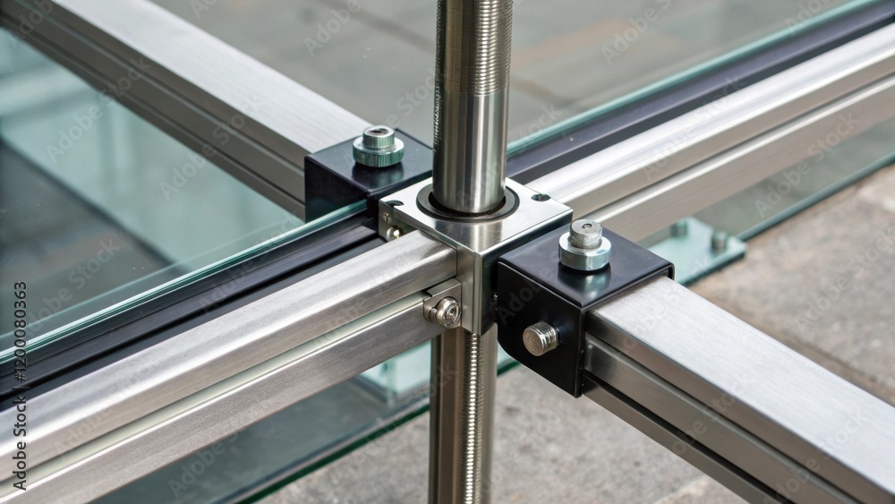Poster A closeup of the fastening mechanism used to secure glass panels to the steel frame providing insight into the merger of form and function.
