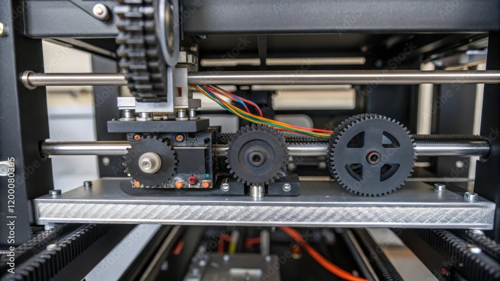 Poster A closeup of the interior mechanics of an industrial 3D printer focusing on the motors belts and gantry system that enable precise movement during the printing process.