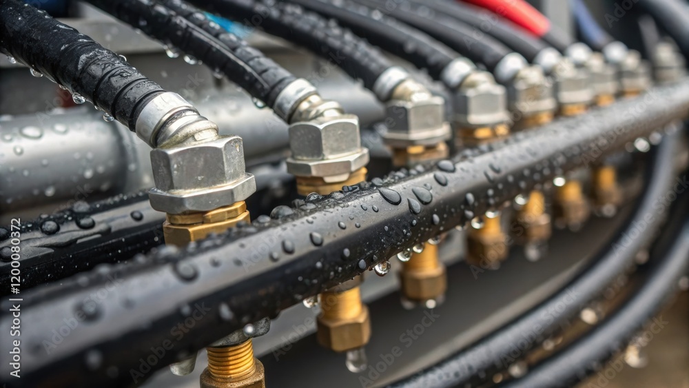 Poster A closeup of the intricate connections between hoses and valves with water droplets forming on the fittings emphasizing the maintenance of sanitation and functionality.